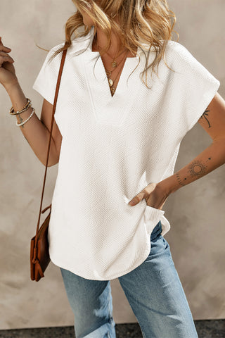 Textured V Neck Collared Short Sleeve Top-2 Colors